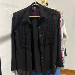 GAP Black Sheer Embroidered Blouse